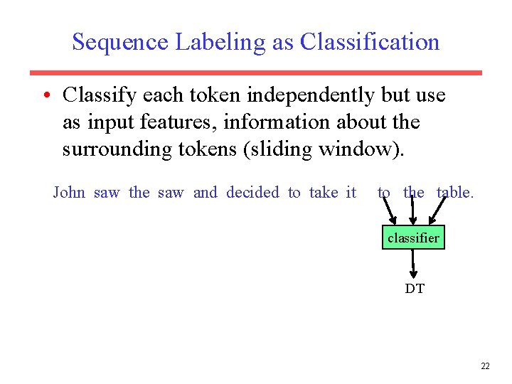 Sequence Labeling as Classification • Classify each token independently but use as input features,