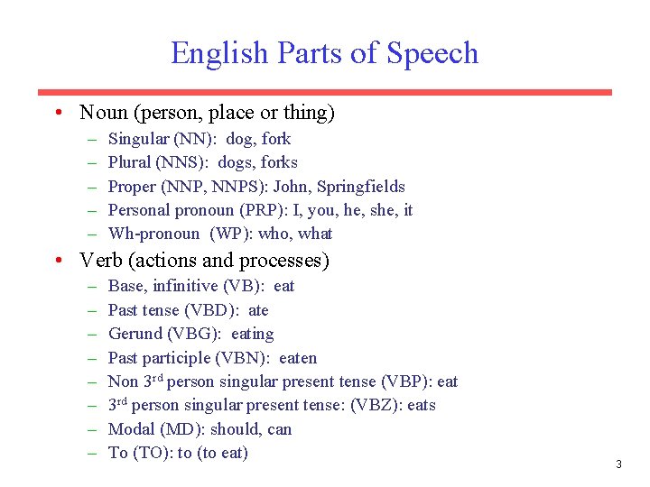 English Parts of Speech • Noun (person, place or thing) – – – Singular