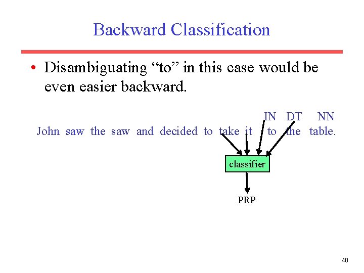 Backward Classification • Disambiguating “to” in this case would be even easier backward. IN