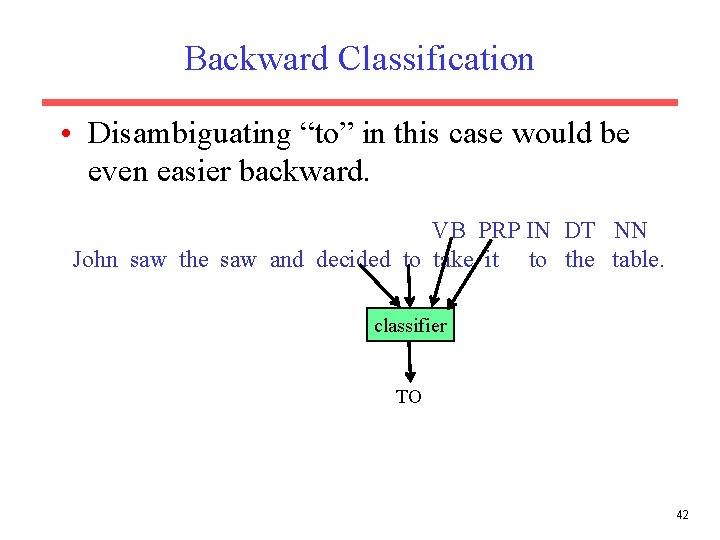 Backward Classification • Disambiguating “to” in this case would be even easier backward. VB