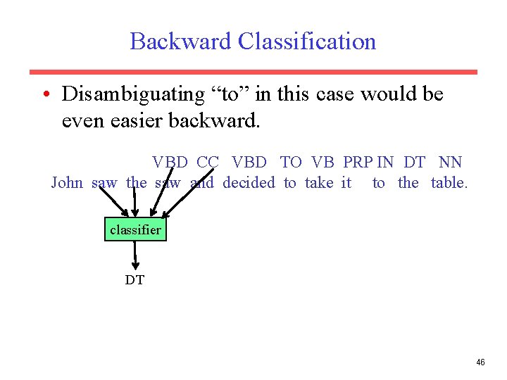 Backward Classification • Disambiguating “to” in this case would be even easier backward. VBD