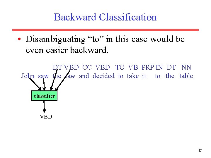 Backward Classification • Disambiguating “to” in this case would be even easier backward. DT