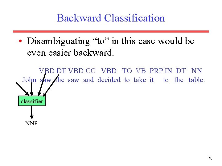 Backward Classification • Disambiguating “to” in this case would be even easier backward. VBD