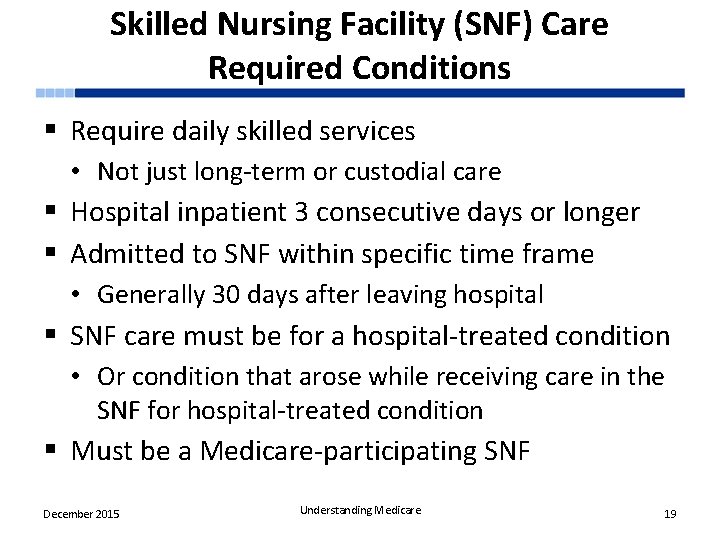 Skilled Nursing Facility (SNF) Care Required Conditions § Require daily skilled services • Not