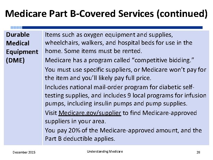 Medicare Part B-Covered Services (continued) Durable Medical Equipment (DME) December 2015 Items such as