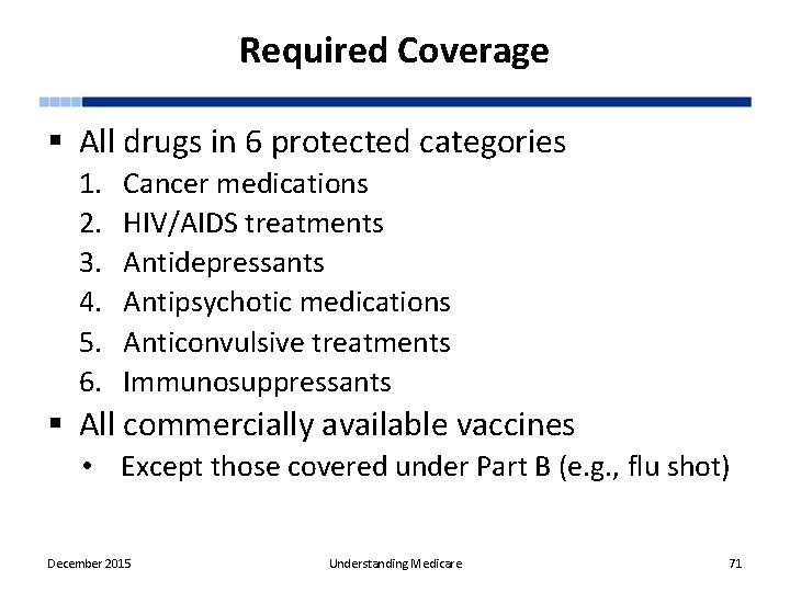 Required Coverage § All drugs in 6 protected categories 1. 2. 3. 4. 5.