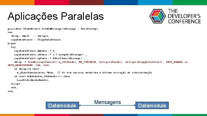  Aplicações Paralelas procedure Tfrm. VKernel. Send. VWMessage(s. Message : Ansi. String); var i.