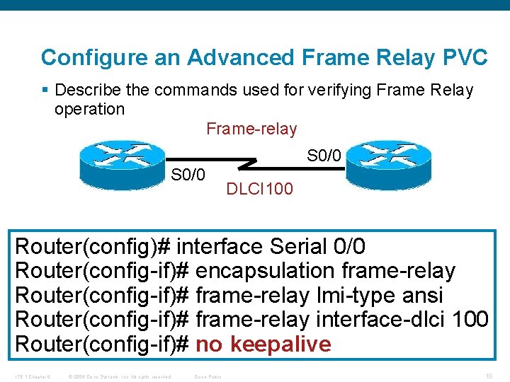 Configure an Advanced Frame Relay PVC § Describe the commands used for verifying Frame
