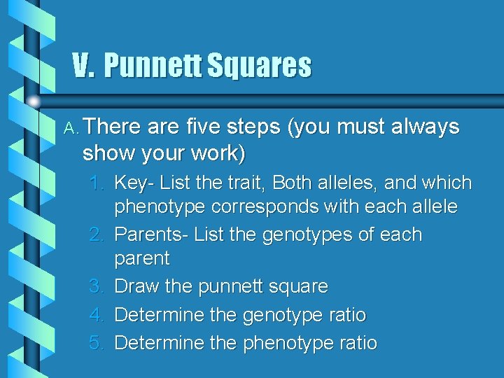 V. Punnett Squares A. There are five steps (you must always show your work) V. Punnett Squares A. There are five steps (you must always show your work)