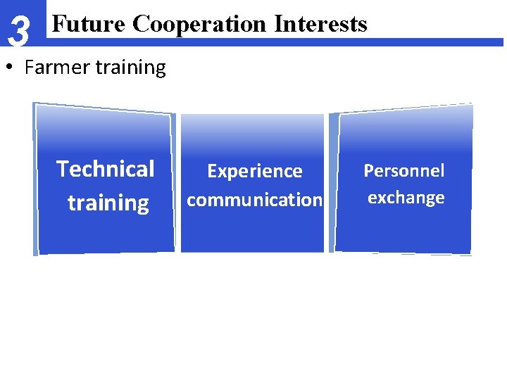 3 Future Cooperation Interests • Farmer training Technical training Experience communication Personnel exchange 