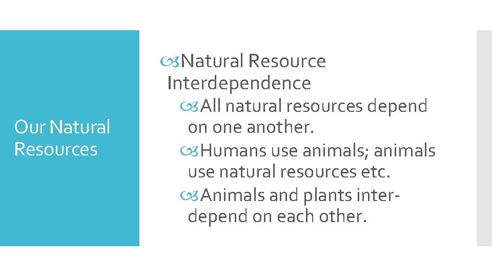 Our Natural Resources Natural Resource Interdependence All natural resources depend on one another. Humans