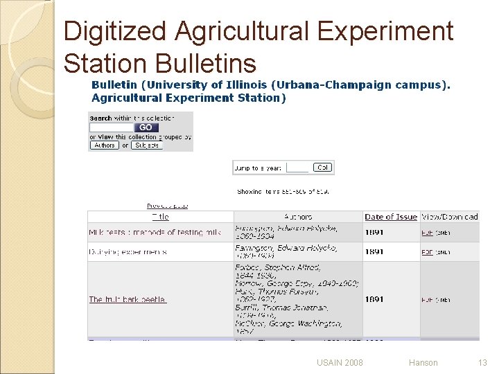 Digitized Agricultural Experiment Station Bulletins USAIN 2008 Hanson 13 Digitized Agricultural Experiment Station Bulletins USAIN 2008 Hanson 13