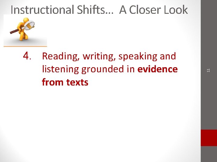 4. Reading, writing, speaking and listening grounded in evidence from texts 11 Instructional Shifts… 4. Reading, writing, speaking and listening grounded in evidence from texts 11 Instructional Shifts…