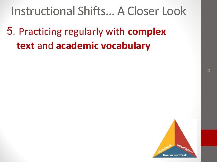 Instructional Shifts… A Closer Look 5. Practicing regularly with complex 12 text and academic Instructional Shifts… A Closer Look 5. Practicing regularly with complex 12 text and academic