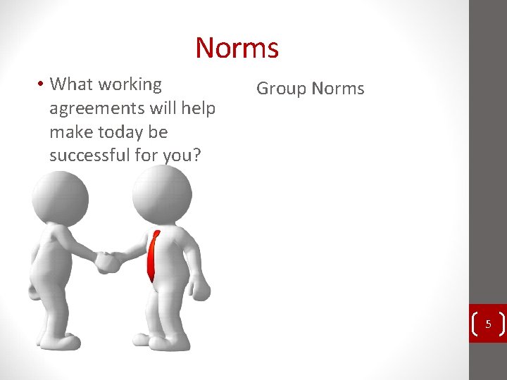 Norms • What working agreements will help make today be successful for you? Group Norms • What working agreements will help make today be successful for you? Group