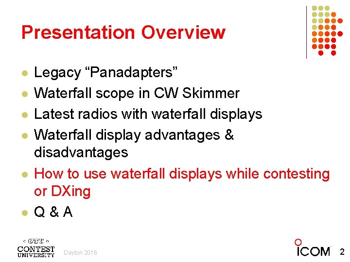 Presentation Overview l l l Legacy “Panadapters” Waterfall scope in CW Skimmer Latest radios