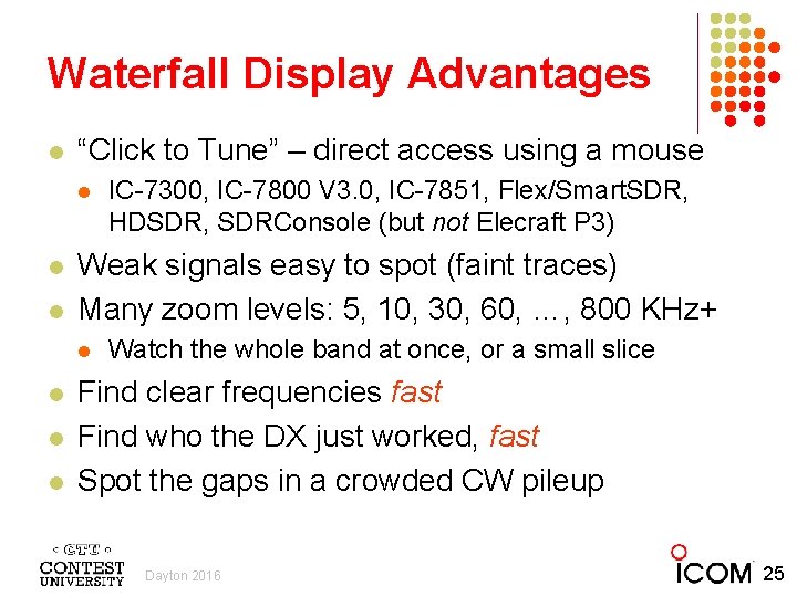 Waterfall Display Advantages l “Click to Tune” – direct access using a mouse l