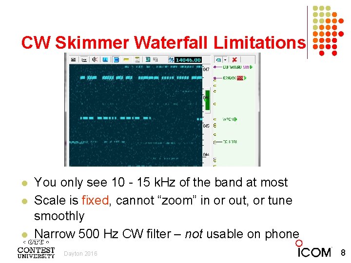 CW Skimmer Waterfall Limitations l l l You only see 10 - 15 k.
