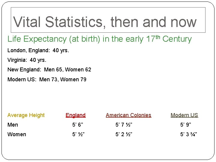 Vital Statistics, then and now Life Expectancy (at birth) in the early 17 th