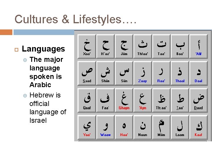 Cultures & Lifestyles…. Languages The major language spoken is Arabic Hebrew is official language