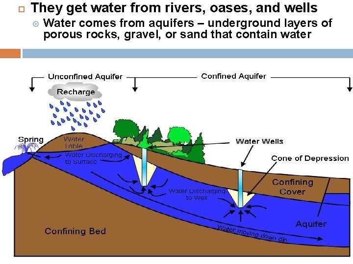  They get water from rivers, oases, and wells Water comes from aquifers –