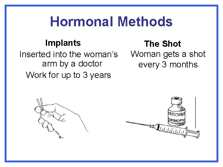 Hormonal Methods Implants Inserted into the woman’s arm by a doctor Work for up