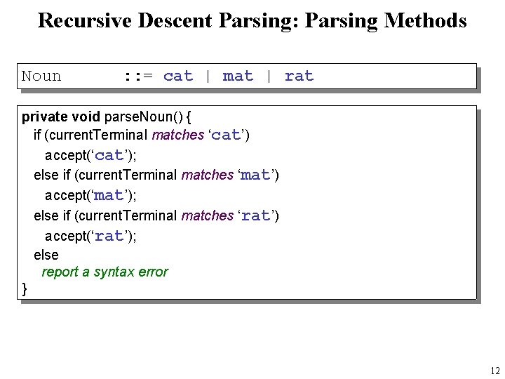 Recursive Descent Parsing: Parsing Methods Noun : : = cat | mat | rat