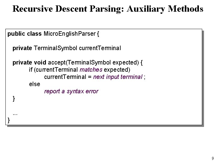 Recursive Descent Parsing: Auxiliary Methods public class Micro. English. Parser { private Terminal. Symbol