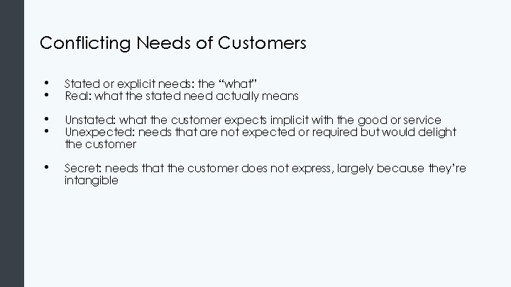 Conflicting Needs of Customers • • Stated or explicit needs: the “what” Real: what Conflicting Needs of Customers • • Stated or explicit needs: the “what” Real: what