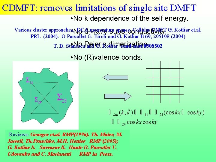 CDMFT: removes limitations of single site DMFT CDMFT • No k dependence of the