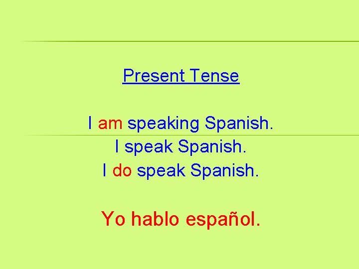 Present Tense I am speaking Spanish. I speak Spanish. I do speak Spanish. Yo