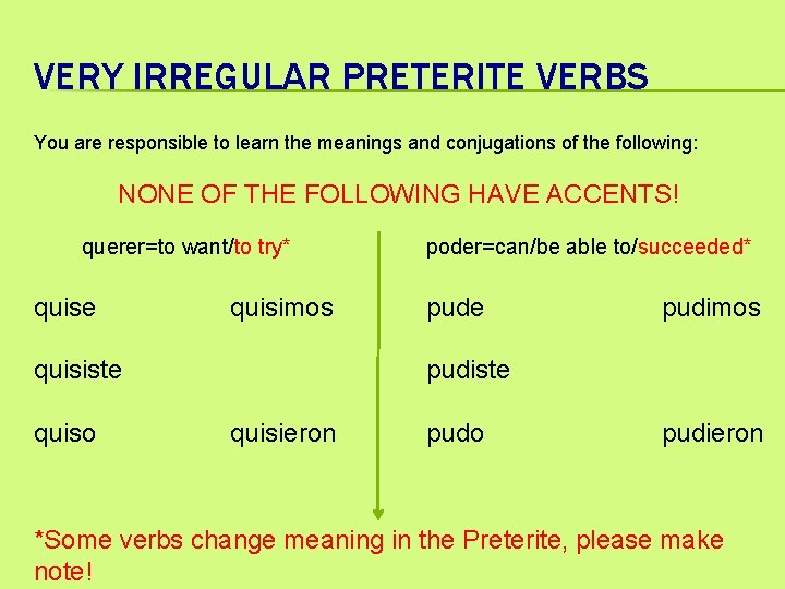 VERY IRREGULAR PRETERITE VERBS You are responsible to learn the meanings and conjugations of