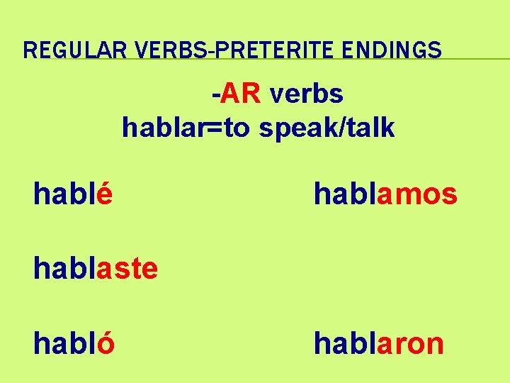 REGULAR VERBS-PRETERITE ENDINGS -AR verbs hablar=to speak/talk hablé hablamos hablaste habló hablaron 