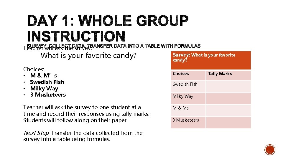 Teacher will ask the survey: What is your favorite candy? Choices: • M &