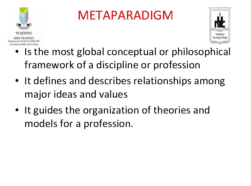 METAPARADIGM • Is the most global conceptual or philosophical framework of a discipline or