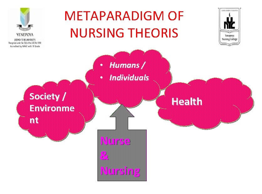 METAPARADIGM OF NURSING THEORIS • Humans / • Individuals Society / Environme nt Health