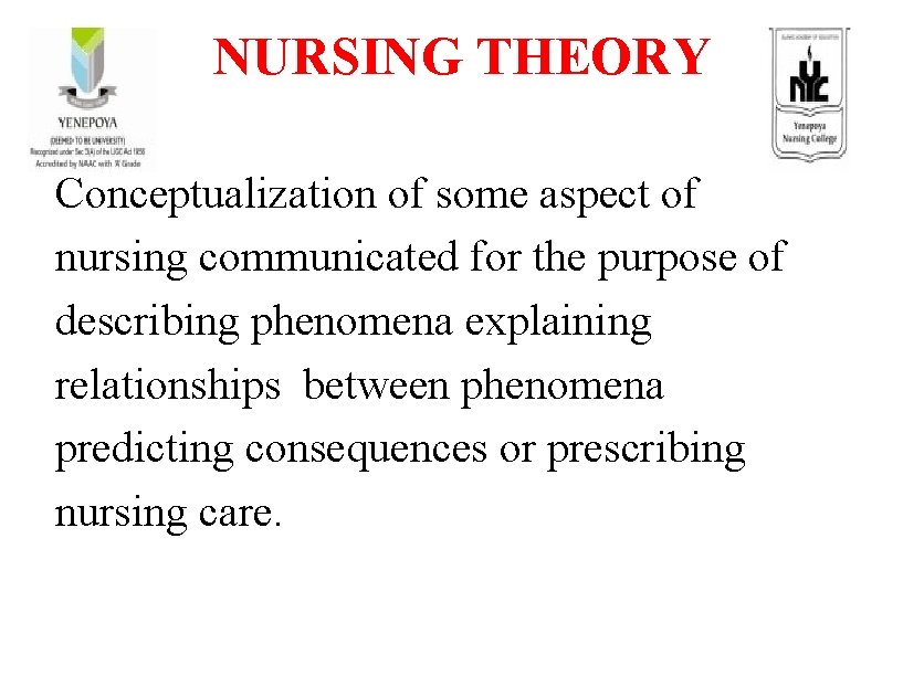 NURSING THEORY Conceptualization of some aspect of nursing communicated for the purpose of describing