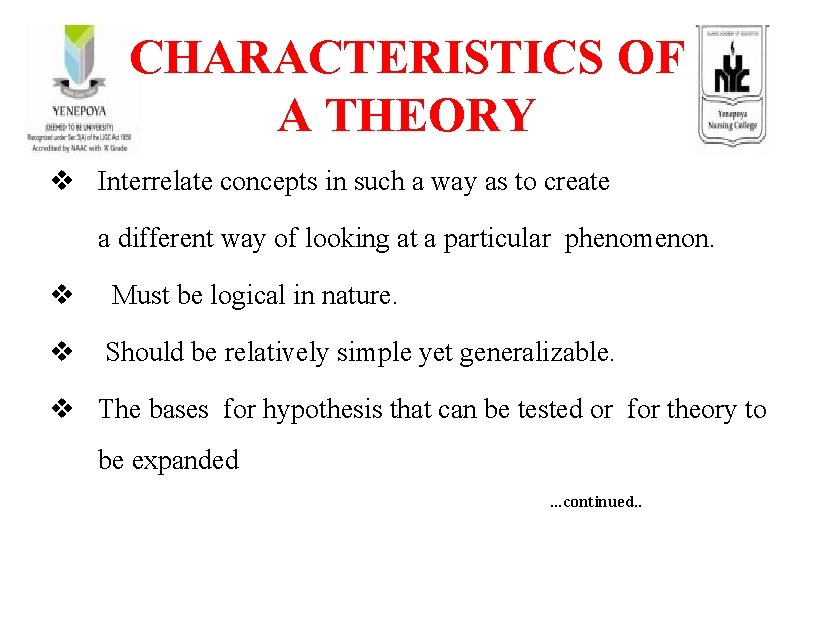 CHARACTERISTICS OF A THEORY v Interrelate concepts in such a way as to create