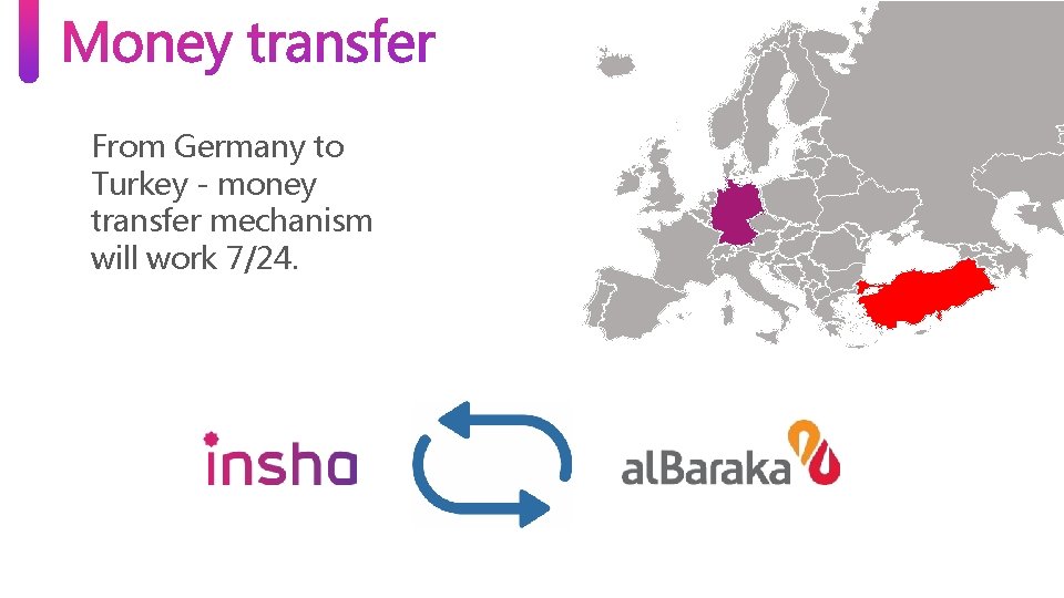 From Germany to Turkey - money transfer mechanism will work 7/24. From Germany to Turkey - money transfer mechanism will work 7/24.