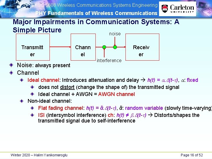 SYSC 5608 Wireless Communications Systems Engineering PHY Fundamentals of Wireless Communications Major Impairments SYSC 5608 Wireless Communications Systems Engineering PHY Fundamentals of Wireless Communications Major Impairments