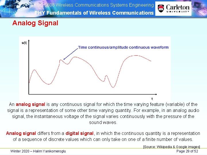 SYSC 5608 Wireless Communications Systems Engineering PHY Fundamentals of Wireless Communications Analog Signal SYSC 5608 Wireless Communications Systems Engineering PHY Fundamentals of Wireless Communications Analog Signal