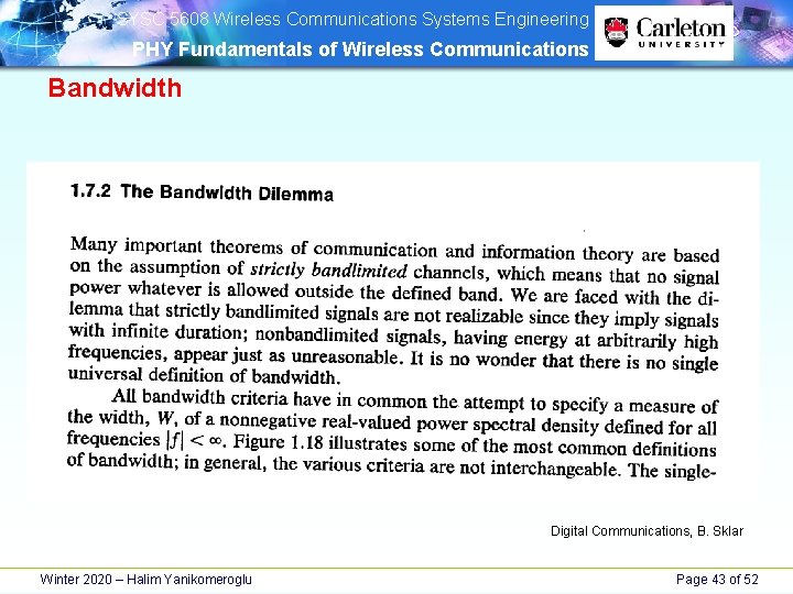 SYSC 5608 Wireless Communications Systems Engineering PHY Fundamentals of Wireless Communications Bandwidth Digital SYSC 5608 Wireless Communications Systems Engineering PHY Fundamentals of Wireless Communications Bandwidth Digital