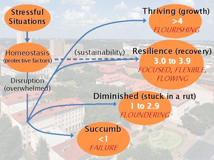 Thriving (growth) Stressful Situations Homeostasis (protective factors) Disruption (overwhelmed) >4 FLOURISHING (sustainability) Resilience (recovery)