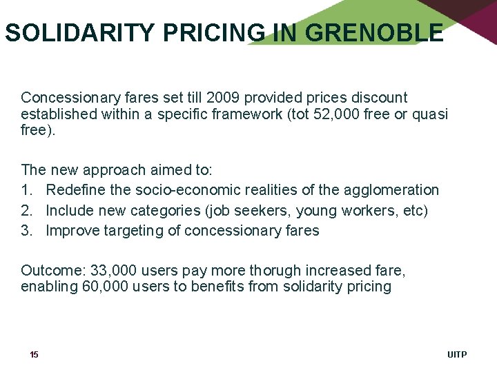 SOLIDARITY PRICING IN GRENOBLE Concessionary fares set till 2009 provided prices discount established within