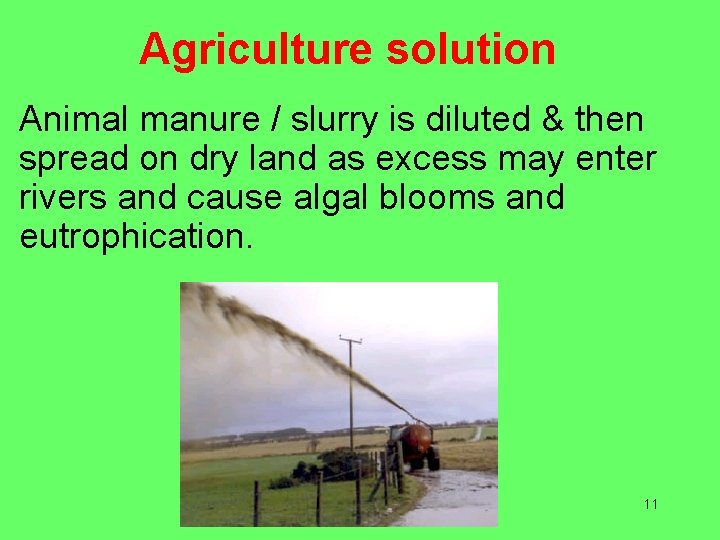 Agriculture solution Animal manure / slurry is diluted & then spread on dry land