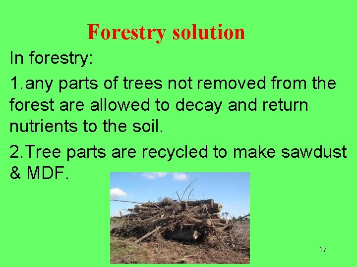 Forestry solution In forestry: 1. any parts of trees not removed from the forest