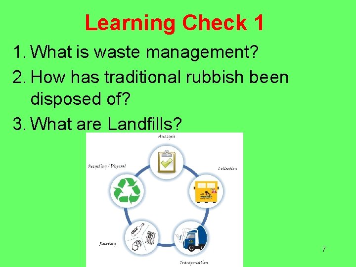 Learning Check 1 1. What is waste management? 2. How has traditional rubbish been