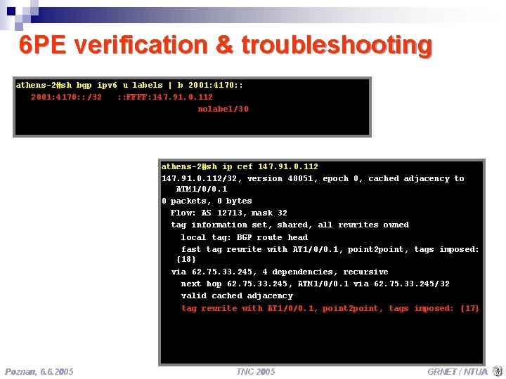 6 PE verification & troubleshooting athens-2#sh bgp ipv 6 u labels | b 2001: