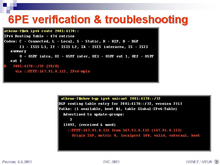 6 PE verification & troubleshooting athens-2#sh ipv 6 route 2001: 4170: : IPv 6