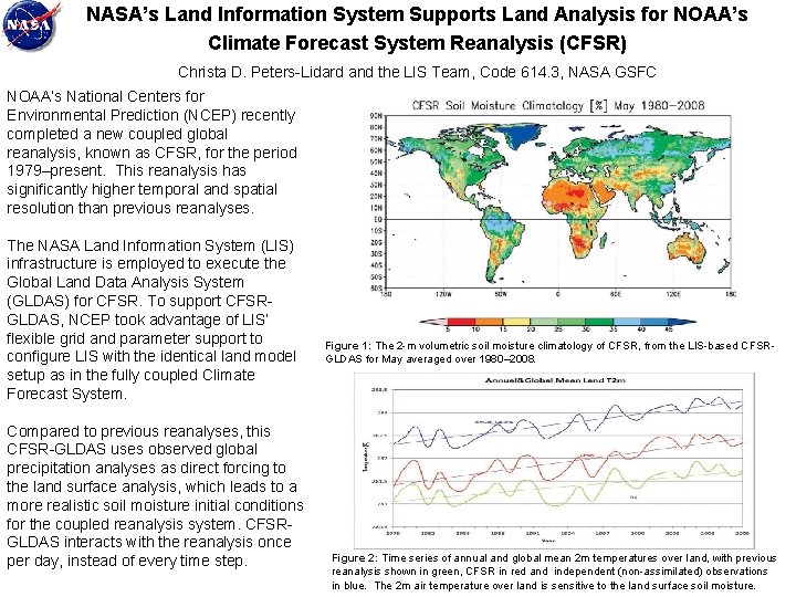 NASA’s Land Information System Supports Land Analysis for NOAA’s Climate Forecast System Reanalysis (CFSR)